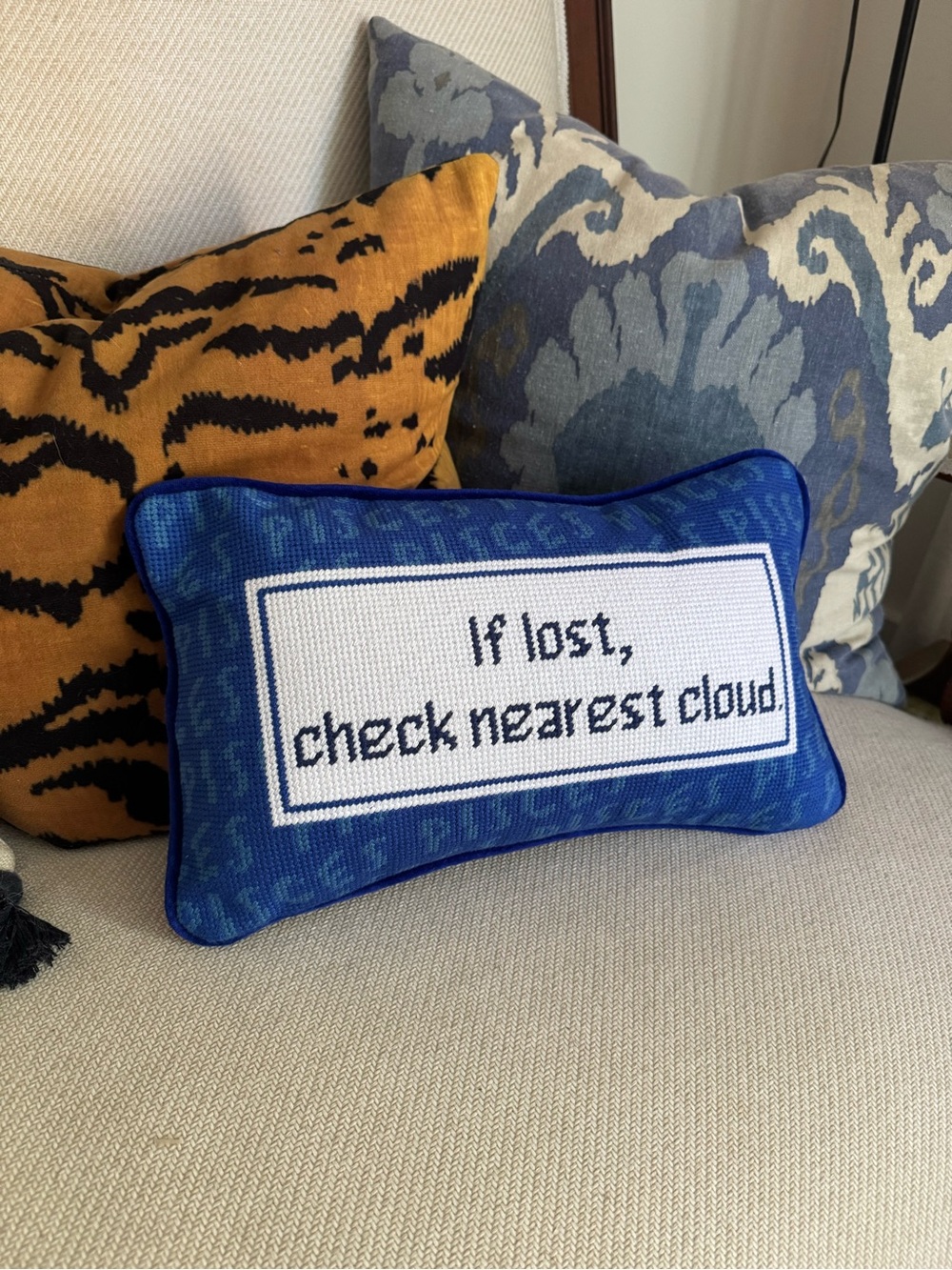Furbish needlepoint zodiac Pisces Blue If lost, check nearest cloud pillow